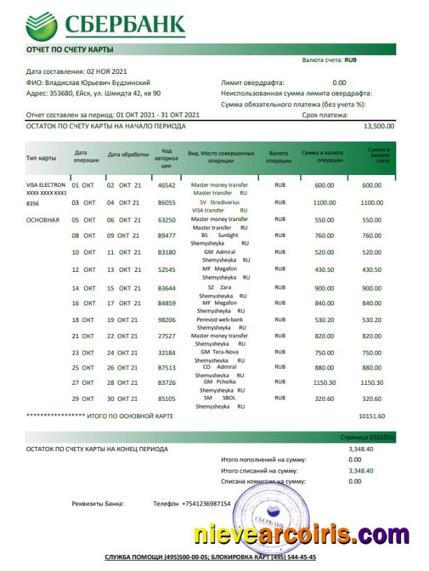 Russia Sberbank bank statement easy to fill in Excel and PDF format